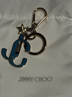 Jimmy Choo Blue Enamel Logo Keyring with Gold Hardware